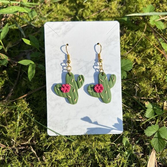 Handmade Polymer Clay Flowering Cactus Dangle Earring - Picture 1 of 2